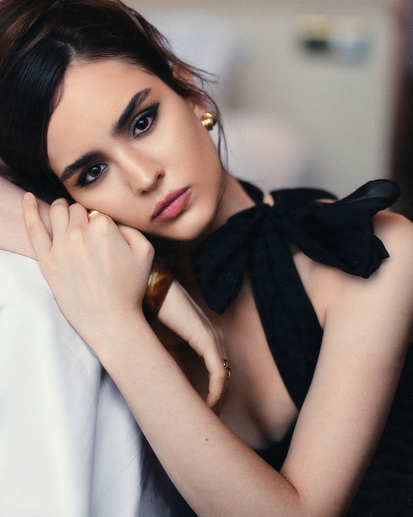 The Wardrobe black bow look campaign portrait